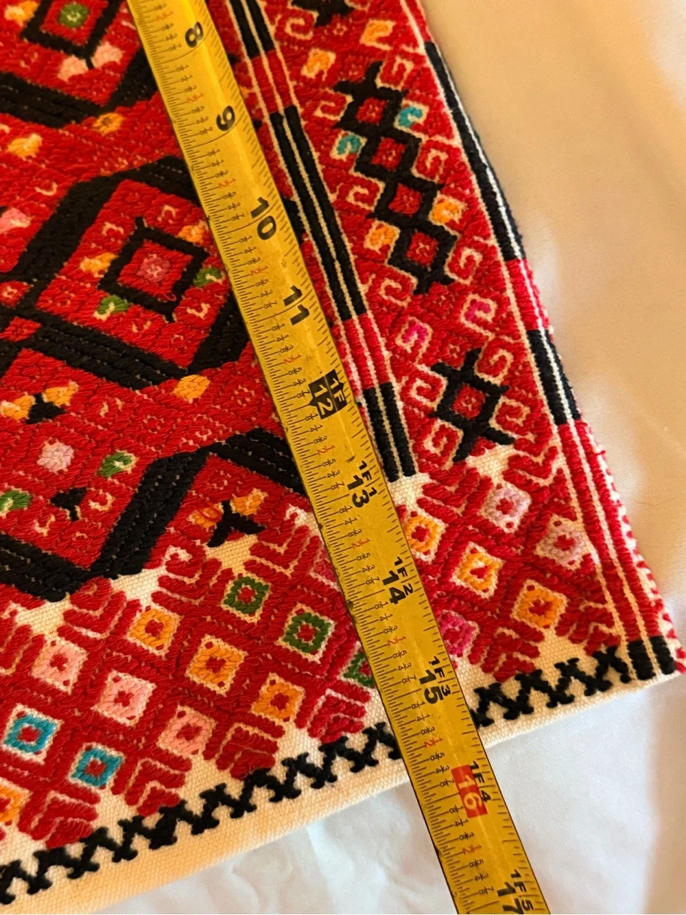 Vintage Hand Embroidered 16x16 Pillow Cover | Boho Folk Art Geometric Accent